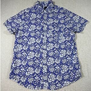 J Crew Men Large Blue White Linen Blend Short Sleeve Button Front Floral Shirt